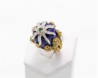 14k yellow & white fold diamond and emerald ring 