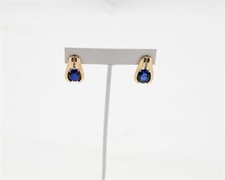 14k yellow gold diamond & synthetic sapphire earrings...  2 Sapphire weight approx 10.00 Ct.                                                  Total diamond weight 0.25 Ct.