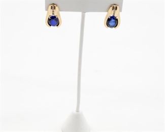 14k yellow gold diamond & synthetic sapphire earrings...  2 Sapphire weight approx 10.00 Ct.                                                  Total diamond weight 0.25 Ct.