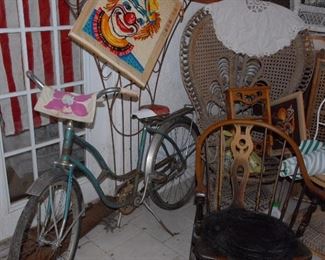 Vintage bicycles, wicker and yard art