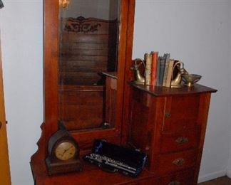 Victorian-era Chiffarobe in cherry wood with beveled mirror and hat box. Matches High Back Bed and Wash stand.