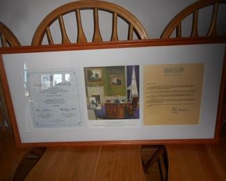 Framed Signed with COA Bill & Hillary Clinton picture of a room in the White House & 2 signed letters