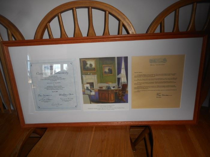 Framed Signed with COA Bill & Hillary Clinton picture of a room in the White House & 2 signed letters