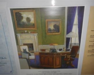 Framed Signed with COA Bill & Hillary Clinton picture of a room in the White House & 2 signed letters
