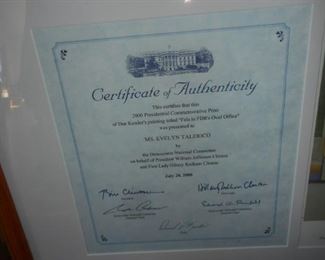 Framed Signed with COA Bill & Hillary Clinton picture of a room in the White House & 2 signed letters