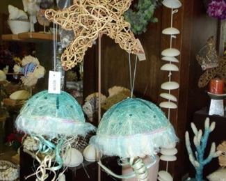 Assorted New with tags nautical decor All year round starfish, dolphins, seahorses, conch shells, jellyfish, full & 1/2 clams ornaments, wreaths & trees    2 size jellyfish