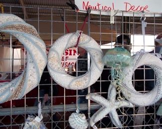 Assorted New with tags nautical decor All year round starfish, dolphins, seahorses, conch shells, jellyfish, full & 1/2 clams ornaments, wreaths & trees