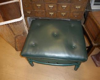 2 Dark green tufted leather wood framed ottoman/foot rests