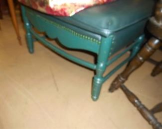 2 Dark green tufted leather wood framed ottoman/foot rests