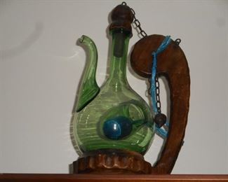 Vintage Gothic wood base holder green glass sangria decanter