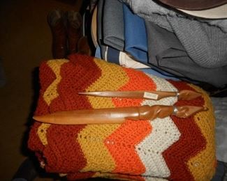 Hand made multi color blanket throw (carved wood items sold)