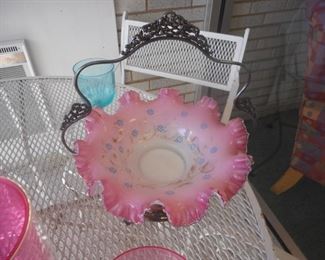 Pink scalloped bowl with ornate metal holder & handle