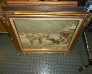 Ornate frame Hand painted winter farm scene with white horse & mule signed oil painting