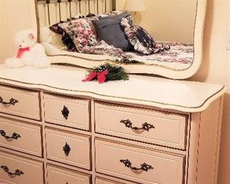 Off white bedroom dresser and matching mirror. We sell our pieces separately or together.