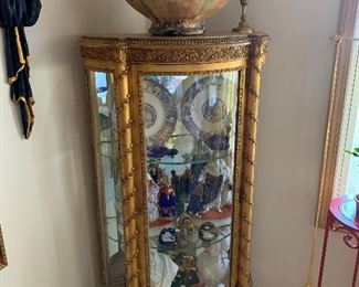 Gold guild curio filled with collectable and very large Weller Flemish Jardinier 11" Tall and 18" Wide