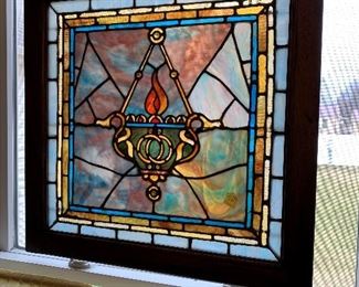 Stained Glass Chicago Circa 1890 Stylized Torch Design Stained Glass Window With Chunk Jewels In A Pine Frame  25" x 24 1/2"