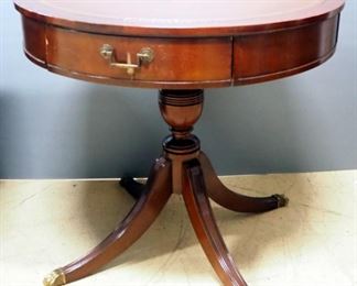 Round Single Drawer Pedestal Side Table, With Brass Claw Feet, Gold Tone Scroll Decor, Some Wear, 28" H x 30" Dia