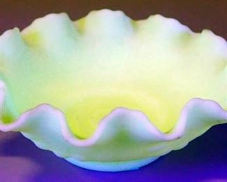 Fenton Rippled Vaseline Glass Candy Dish, 8" Diameter, Glows Under Blacklight