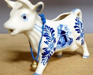 Hand Painted Delft Blue Ceramic Cow, Ceramic And Metal Candle Stand, Cristal Sevres Blue Glass Umbrella And Fenton Blue Glass Top Hat Toothpick Holder
