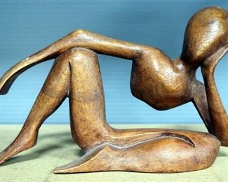 Brass Table Lamp, Powers On, And Wood Figure Of Reclining Person