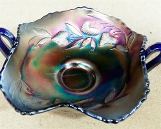 Two Carnival Glass Bowls With Rippled Edges And Grape And Floral Patterns