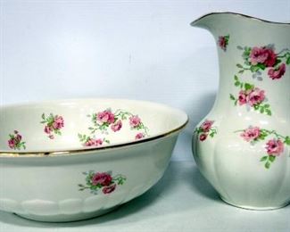 Vintage Bisto England Porcelain Pitcher And Basin With Pink Rose Design, Pitcher Is 11.5" H, Basin Is 5.25" H x 15.5" Dia.