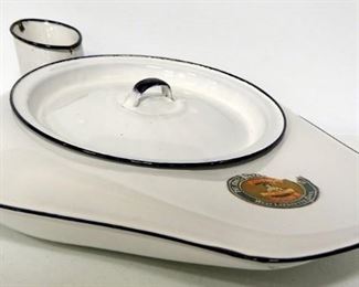 LaFayette Quality Ware Enamel Pot With Lid, Jones Quality Ware Enamel Bedpan, Enamel Pot With No Marks, And Enamel Handled Pot, Total Qty 4