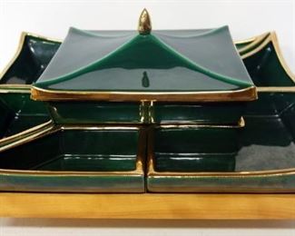 Seven Piece Ceramic Party Platter, On Lazy Susan, Centerpiece With Lid, Side Trays Are Rearrangeable