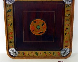Antique Early Carrom Archarena Style D (World Flags And Populations) Wooden Board Game, Still Has Netting