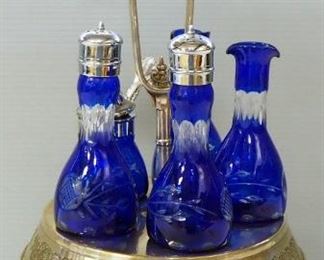 Vintage Mermod Jaccard & Co Silver Plated Cobalt Blue Cruet Set With Stand