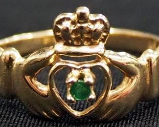 14K Claddagh Ring With Emerald Stone, Size 6-3/4 And 18K Gold Plated Bracelet