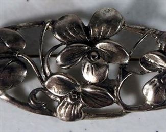 Sterling Silver Chain, Sterling Silver Bracelet, Sterling Art Nouveau Pin And Sterling Floral Pin, Total Qty 4