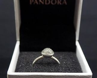 Pandora Sterling Silver Pave Ring Featuring 34 Pave-Set Clear Cubic Zirconia Stones On A Central Dome, Size 8