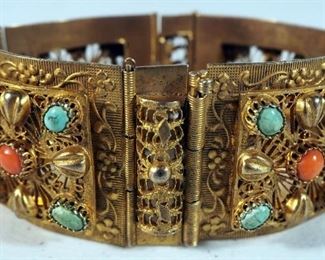 Pin Hinged Tribal Cuff Bracelet With Stones Believed To Be Coral And Turquoise