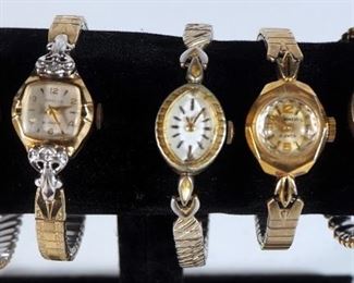 Collection Of Ladies Wrist Watches, Includes Bulova 10k RGP, Baroness 17 Jewel Gold Tone, Buren 10k RGP, Elgin 10k RGP, And Baylor 21-Jewel