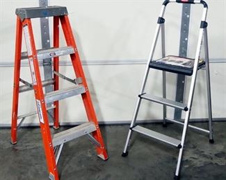 Louisville 4 Ft Fiberglass Step Ladder Model FS1504 And Rubbermaid 3-Step Step Stool, Super Light Series, 8' 10" Max Reach, 225 Lb Capacity