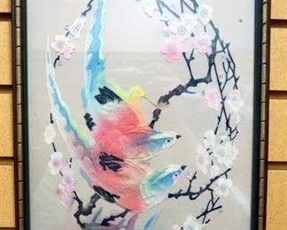 Intricate Paper Cut Art Of Two Birds And Flowers, Watercolor, Framed 10.5" Wide x 14" High