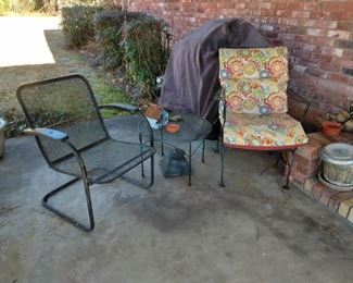 metal patio chairs and side tables,  