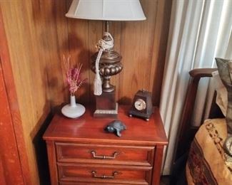 bed side table, vintage brass lamp