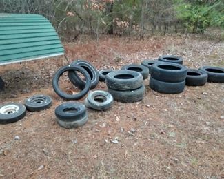 All good tires. Various sizes. Truck, trailer, motor cycle, and car. Some look new.