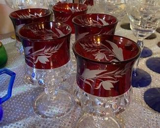 Vintage Kings Crown Ruby Red Thumb Print Pitcher 5 Goblet glasses		
