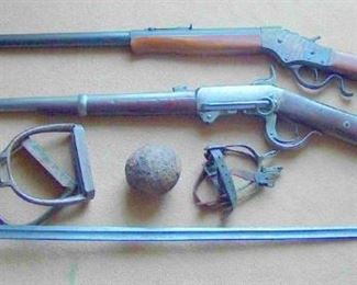 Collection of Antique Firearms, Swords, Stirrups
