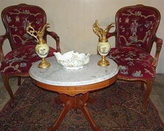 Oval Walnut Marble Top Table, Pair Needle Point Parlor Chairs
