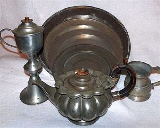 Early Pewter Chargers, Tea Pots, Measurers, Pewter Whale Oil Lamp