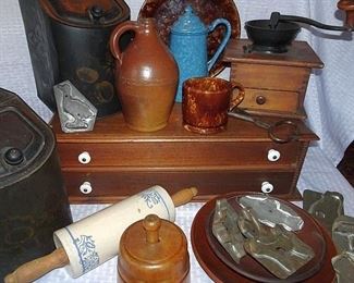 Walnut 2 Drawer Spool Cabinet, Country Primitives, Tin Figural Cookie Cutters, Redware, Bennington, Graniteware, Toleware