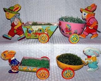 J. Chein Tin Easter Toys, Rabbits With Carts & Wheel Barrel