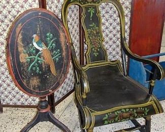 Early Stenciled/Paint Decorated Rocker & Tilt Top Table