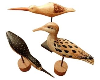 37. Three 3 Wooden Carved Birds on Stands