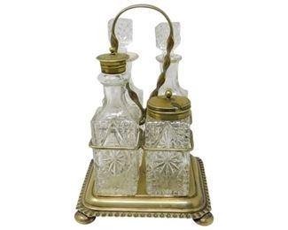 162. Antique Brass Condiment Holder with Glassware