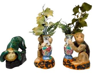 233. Two 2 Monkey Vases and One 1 Peeking Lion Statue